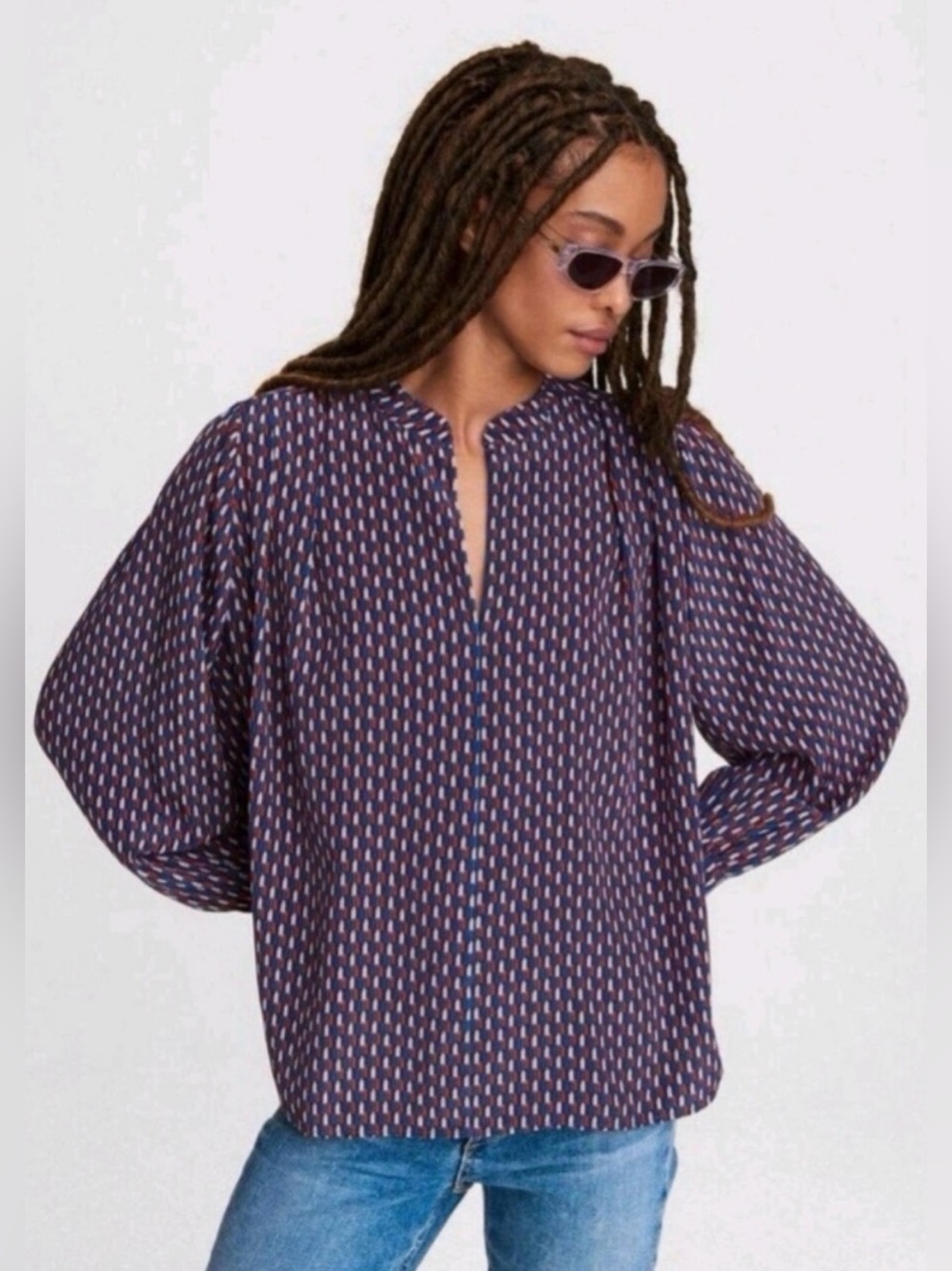 rag & bone silk Printed Top draped blouse oversized v neck long sleeve cuffed L